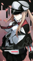 Rule 34 | 1girl, black gloves, black pantyhose, blonde hair, blue eyes, breasts, capelet, character name, cross, floating hair, gloves, graf zeppelin (kancolle), hair between eyes, hat, highres, impossible clothes, jacket, kantai collection, kuli, large breasts, long hair, looking at viewer, military, military hat, military uniform, miniskirt, necktie, pantyhose, peaked cap, petals, pouch, sidelocks, skirt, smile, solo, tsurime, twintails, uniform, wind, wind lift