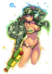 Rule 34 | 1girl, absurdres, arm at side, arm up, bandaid, bandaid on face, baseball cap, bikini, black choker, breasts, brown hair, camouflage, camouflage headwear, camouflage jacket, choker, cleavage, closed mouth, collarbone, colored stripes, commentary request, cropped legs, female focus, green bikini, hair between eyes, hair ribbon, hat, heart, heart choker, highres, jacket, large breasts, long hair, long sleeves, looking at viewer, low ponytail, navel, open clothes, open jacket, original, rainbow order, red eyes, ribbon, salute, side-tie bikini bottom, sidelocks, smile, solo, stomach, striped bikini, striped clothes, sweat, swimsuit, twinpoo, water gun, yellow bikini