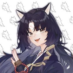 Rule 34 | 1girl, :d, absurdres, animal ears, arknights, beads, black hair, black kimono, brown eyes, chinese commentary, commentary request, graykn, highres, japanese clothes, kimono, long hair, looking at viewer, open mouth, prayer beads, saga (arknights), smile, solo, upper body, white background