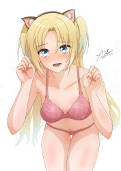Rule 34 | 1girl, animal ears, blonde hair, blush, bra, breasts, cat ears, collarbone, commentary, fake animal ears, fang, gradient hair, highres, iariaiki (stareikachan), link! like! love live!, long hair, looking at viewer, love live!, lower teeth only, medium breasts, multicolored hair, nail polish, navel, open mouth, osawa rurino, panties, paw pose, pink bra, pink panties, raised eyebrows, red nails, signature, skin fang, solo, stomach, teeth, twintails, underwear, underwear only