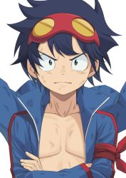 Rule 34 | 1boy, arm ribbon, black hair, blue jacket, closed mouth, collarbone, commentary request, crossed arms, fagi (kakikaki), fingernails, goggles, goggles on head, green eyes, jacket, long sleeves, looking at viewer, male focus, popped collar, red ribbon, ribbon, simon (ttgl), solo, tengen toppa gurren lagann, v-shaped eyebrows