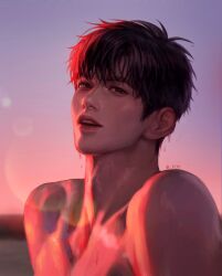 Rule 34 | blurry, blurry background, brown eyes, brown hair, collarbone, gradient background, gradient sky, highres, jeong taeui, lens flare, looking at viewer, nude, open mouth, outdoors, passion (manhwa), photo-referenced, plyu, portrait, realistic, short hair, sky, sunset, sweatdrop, teeth