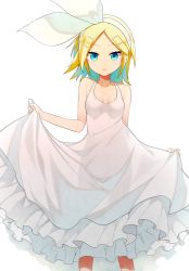 Rule 34 | 1girl, :o, bare arms, bare shoulders, blonde hair, blue eyes, blue hair, blush, breasts, cleavage, collarbone, cowboy shot, dress, gradient hair, hair ornament, hair ribbon, hairband, hairclip, kagamine rin, marui shiro, matching hair/eyes, multicolored hair, no bra, open mouth, ribbon, see-through, short hair, simple background, skirt hold, small breasts, solo, standing, sundress, vocaloid, white background, white dress, white ribbon