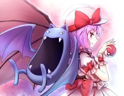 Rule 34 | 1girl, ascot, bat wings, blush, bow, creatures (company), fang, fangs, frilled shirt, frilled shirt collar, frilled sleeves, frills, game freak, gen 1 pokemon, golbat, hat, hat ribbon, light purple hair, looking at viewer, looking back, minust, mob cap, nintendo, open mouth, poke ball, pokemon, pokemon (creature), puffy short sleeves, puffy sleeves, red bow, red eyes, red ribbon, remilia scarlet, ribbon, ribbon trimmed, shirt, short hair, short sleeves, smile, touhou, vampire, wings, wrist cuffs