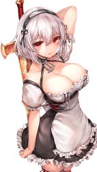 Rule 34 | 1girl, azur lane, bad id, bad twitter id, blush, breasts, choker, cleavage, collarbone, dress, frills, hair between eyes, hairband, highres, holding, holding sword, holding weapon, lace-trimmed hairband, lace trim, large breasts, looking at viewer, puffy sleeves, red eyes, ribbon, short hair, short sleeves, sidelocks, simple background, sirius (azur lane), solo, sword, thighhighs, weapon, white background, white hair, white thighhighs, zerocat