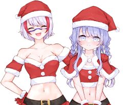 Rule 34 | 2girls, absurdres, amiya aranha, bare shoulders, belt, black belt, braid, breasts, capelet, collarbone, facial mark, fur-trimmed capelet, fur-trimmed gloves, fur-trimmed headwear, fur trim, gloves, grey hair, hand on another&#039;s shoulder, hat, highres, indie virtual youtuber, long hair, ma draws, medium breasts, midriff, multicolored hair, multiple girls, navel, onolumi (vtuber), open mouth, pom pom (clothes), purple eyes, purple hair, red capelet, red gloves, red hair, red headwear, santa costume, santa hat, second-party source, short hair, small breasts, stomach, streaked hair, twin braids, virtual youtuber