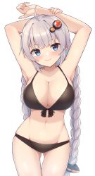 Rule 34 | 1girl, ahoge, armpits, arms up, bikini, black bikini, blue eyes, blush, braid, breasts, cleavage, closed mouth, collarbone, commentary, cowboy shot, front-tie bikini top, front-tie top, gluteal fold, groin, hair ornament, highres, kizuna akari, large breasts, long hair, looking at viewer, navel, shun (b.c), silver hair, smile, solo, standing, stomach, striped, swimsuit, thigh gap, twin braids, very long hair, vocaloid, voiceroid, white background