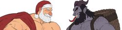 Rule 34 | 2boys, back hair, bara, beard, beard over mouth, black hair, blank eyes, blush, christmas, curled horns, demon boy, eye contact, facial hair, from side, full beard, growlygruntz, hairy, hat, highres, horns, krampus, large pectorals, long image, long tongue, looking at another, male focus, mature male, multiple boys, muscular, muscular male, original, pectorals, profile, sack, santa claus, santa hat, short hair, sparse chest hair, thick beard, thick eyebrows, tongue, twitter banner, upper body, white hair, wide image