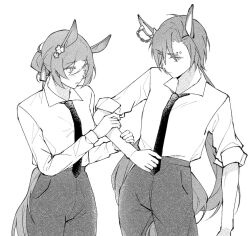 Rule 34 | 2girls, air shakur (umamusume), alternate costume, animal ears, arm grab, breasts, clover hair ornament, collared shirt, cowboy shot, eyebrow piercing, fine motion (umamusume), flat chest, greyscale, hair bun, hair ornament, horse ears, horse girl, horse tail, iner (shakur mom), long hair, looking at another, looking at viewer, monochrome, multiple girls, necktie, pants, parted lips, piercing, shirt, shirt tucked in, short hair, sleeves rolled up, small breasts, tail, umamusume
