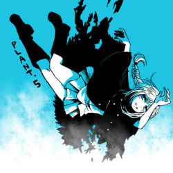 Rule 34 | 1girl, blue background, blue eyes, boots, braid, coat, coppelion, english text, falling, female focus, full body, gradient background, ikarimame, itami setsuna, miniskirt, monochrome, pleated skirt, skirt, smile, solo, text focus, torn clothes, torn coat, white hair