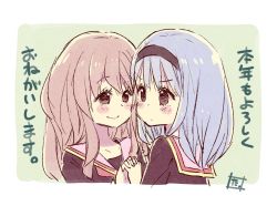 Rule 34 | 2girls, black hairband, blue hair, blush, brown eyes, brown hair, commentary request, face-to-face, green background, hairband, holding hands, interlocked fingers, long hair, looking at another, multiple girls, new year, original, sketch, takasaki yuuki, translation request, upper body, yuri