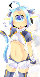 Rule 34 | + +, 10s, 1girl, 2013, :o, ahoge, black thighhighs, blue eyes, blue hair, breasts, cowboy shot, cyclops, dated, fingerless gloves, gloves, highres, hip bones, matching hair/eyes, mechanical tail, muroku (aimichiyo0526), navel, one-eyed, original, ribbed gloves, ribbed shirt, ribbed shorts, robot ears, shirt, short sleeves, shorts, signature, simple background, solo, surprised, swept bangs, tail, text focus, thighhighs, translation request, underboob, white background, zoom layer