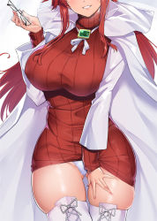 Rule 34 | 1girl, aty (summon night), bad id, bad pixiv id, boots, breasts, brooch, cape, clothes lift, dress, unworn eyewear, glasses, head out of frame, jewelry, large breasts, long hair, panties, parted lips, red hair, red sweater, skindentation, solo, summon night, summon night 3, sweater, sweater dress, sweater lift, thigh boots, thighhighs, tomohiro kai, turtleneck, turtleneck sweater, underwear, white footwear, white panties