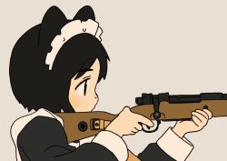 Rule 34 | 1girl, akai sashimi, animal ears, animated, animated gif, apron, beige background, black eyes, black hair, blinking, bolt action, cat ears, closed mouth, dripping, expressionless, firing, food, frilled hairband, frills, from side, gif artifacts, gun, hairband, hands up, holding, holding gun, holding weapon, long sleeves, looping animation, maid, maid apron, maid headdress, original, profile, rifle, sausage, short hair, shrimp, shrimp tempura, simple background, sleeve cuffs, solo, tareme, tempura, tentacles, thick eyebrows, upper body, water drop, weapon, what, white apron, white hairband