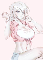 Rule 34 | 1girl, blue eyes, blue shorts, breasts, cleavage, cropped shirt, d (3i135), faust (project moon), jacket, large breasts, limbus company, looking at viewer, parted lips, pink jacket, project moon, shirt, short hair, shorts, simple background, solo, white background, white hair, white shirt