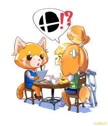 Rule 34 | !?, 2girls, absurdres, aggressive retsuko, animal crossing, animal ears, artist name, azoura, bell, blonde hair, blue skirt, blush, brown footwear, cast, crutch, cup, dog, dog ears, dog girl, dog tail, eye contact, food, furry, furry female, green vest, hairband, highres, isabelle (animal crossing), long sleeves, looking at another, macaron, multiple girls, nintendo, open mouth, pen, pencil skirt, red hairband, red panda, retsuko, shadow, simple background, sitting, skirt, speech bubble, spoken interrobang, super smash bros., table, tail, tea, teacup, topknot, trait connection, vest, white background, writing