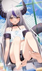 Rule 34 | 1girl, ahoge, bare shoulders, barefoot, black choker, black shorts, blush, braid, breasts, choker, cloud, cloudy sky, day, demon girl, demon horns, foot focus, grey hair, hair between eyes, highres, hololive, horns, la+ darknesss, long hair, looking at viewer, multicolored hair, off shoulder, open mouth, outdoors, purple hair, shirt, shorts, sitting, sky, small breasts, streaked hair, striped horns, thomas 8000, very long hair, virtual youtuber, white shirt, yellow eyes