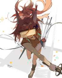 Rule 34 | 1girl, absurdres, animal ears, ankle boots, arknights, black socks, boots, breasts, brown footwear, dated, flametail (arknights), flametail (sport for all) (arknights), head-mounted display, highres, holding, holding sword, holding weapon, kneehighs, leg up, long hair, medium breasts, miniskirt, official alternate costume, open mouth, ponytail, red hair, red shirt, shirt, short sleeves, simple background, skirt, socks, solo, squirrel ears, standing, standing on one leg, sword, twitter username, very long hair, weapon, white background, white skirt, ykhrcca