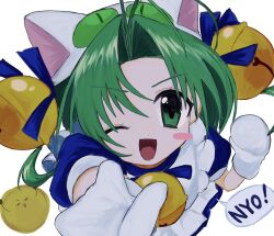Rule 34 | 1girl, animal ears, animal hands, animal hat, antenna hair, apron, bell, blue dress, cat day, cat ears, cat hat, dejiko, di gi charat, dress, gloves, green eyes, green hair, hair bell, hair ornament, hat, highres, looking at viewer, maid apron, mittens, one eye closed, open mouth, paw gloves, pepeppepe101, puffy short sleeves, puffy sleeves, short hair, short sleeves, white apron, white mittens