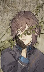 Rule 34 | 1boy, brown gloves, brown hair, closed mouth, copyright request, floral background, gloves, hatching (texture), highres, hiranko, male focus, medium hair, plant, signature, smile, solo, upper body, vines, virtual youtuber, yellow eyes