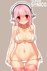 Rule 34 | 1girl, bikini, bikini pull, blush, breasts, character name, cleavage, clothes pull, covered erect nipples, cowboy shot, front-tie top, groin, halterneck, headphones, highres, imazon, jewelry, large breasts, long hair, looking at viewer, navel, necklace, nitroplus, pink hair, pink thighhighs, pulling own clothes, red eyes, side-tie bikini bottom, smile, solo, star (symbol), star print, super sonico, swimsuit, thigh gap, thighhighs, white bikini