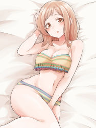 Rule 34 | 1girl, :o, absurdres, bare legs, bed, bed sheet, between legs, bikini, blush, breasts, brown eyes, cleavage, collarbone, from above, hair over shoulder, hand between legs, hand in own hair, highres, idolmaster, idolmaster shiny colors, large breasts, light brown hair, long hair, looking at viewer, lying, multicolored bikini, multicolored clothes, on back, on bed, open mouth, sakuragi mano, solo, striped bikini, striped clothes, swimsuit, tankini, tokufumi