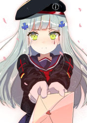 Rule 34 | &gt;:(, 1girl, beret, black hat, blunt bangs, blush, closed mouth, clothes writing, commentary request, facepaint, flag print, frown, german flag, girls&#039; frontline, gloves, green eyes, green hair, hair ornament, hat, hk416 (girls&#039; frontline), kkkula (kula), letter, light particles, long hair, long sleeves, looking at viewer, love letter, military, military uniform, neckerchief, outstretched arms, petals, red neckerchief, sailor collar, solo, underwear, uniform, upper body, v-shaped eyebrows, white gloves