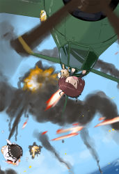 Rule 34 | 10s, 1girl, aerial battle, ahoge, aircraft, battle, blue sky, day, dog, enemy aircraft (kancolle), escort fortress (kancolle), explosion, fairy, fairy (kancolle), firing, imai tetsuya, kantai collection, reppuu (kancolle), sky, solo, upside-down, vehicle focus