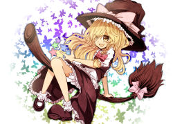Rule 34 | 1girl, aizawa riku, bad id, bad pixiv id, blonde hair, bloomers, braid, broom, broom riding, bug, butterfly, female focus, full body, hair ribbon, hat, bug, kirisame marisa, mary janes, open mouth, ribbon, shoes, smile, solo, star (symbol), touhou, underwear, white background, witch, witch hat, yellow eyes