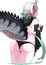 Rule 34 | 1girl, absurdres, ahoge, arknights, ass, bare back, bare shoulders, black panties, blush, cowboy shot, crocodilian tail, detached sleeves, from behind, green hair, green sleeves, highres, long hair, looking at viewer, looking back, mikagura, multicolored hair, panties, pointy ears, sideways glance, simple background, solo, streaked hair, tail, tomimi (arknights), topless, transparent background, underwear, wading, white hair, yellow eyes