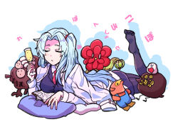 Rule 34 | 1girl, alcohol, angela (project moon), big bird (project moon), black pantyhose, blue hair, breasts, champagne, champagne flute, character doll, coat, coat on shoulders, collared shirt, cup, drinking glass, holding, holding cup, lab coat, large breasts, lobotomy corporation, long hair, monogatari (series), mountain of smiling bodies, necktie, opened can of wellcheers, pantyhose, pillow, porccubus, project moon, punishing bird, red necktie, ren&#039;ai circulation, shirt, simple background, solo, very long hair, white background, white coat, white shirt, yono neie