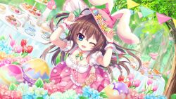 Rule 34 | 1girl, animal ears, blue eyes, blue flower, bow, breasts, brown hair, cleavage, collar, cup, cupcake, detached collar, dot nose, dress, dutch angle, easter, easter egg, egg, fake animal ears, fang, film grain, flower, flower request, food, frilled dress, frills, fruit tart, game cg, green ribbon, hair ribbon, hands up, hat, hat flower, hat ornament, izumi tsubasu, lens flare, long hair, lop rabbit ears, macaron, medium breasts, non-web source, official art, one eye closed, open mouth, petals, pink bow, pink dress, pink flower, pink headwear, pink rose, pink skirt, puffy short sleeves, puffy sleeves, rabbit ears, re:stage!, red flower, ribbon, rose, round table, shikimiya aone, short sleeves, skirt, smile, solo, sparkle, string of flags, table, tablecloth, tart (food), teacup, teapot, tree, tulip, two side up, underbust, vase, white collar, white wrist cuffs, wide brim, wrist cuffs
