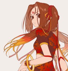 Rule 34 | bracelet, brown eyes, brown hair, china dress, chinese clothes, clothing cutout, dress, facial mark, fate/grand order, fate (series), forehead mark, from behind, gradient hair, hair ribbon, jewelry, multicolored hair, nagiko (mangalove1111), navel cutout, nezha (fate), ribbon, scrunchie, solo, twintails