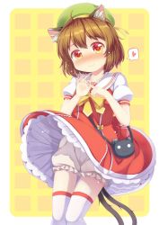 Rule 34 | 1girl, :&gt;, ahoge, animal ear fluff, animal ears, bag, bloomers, blush, bow, bowtie, brown hair, cat ears, cat tail, chen, collarbone, commentary request, dress, earrings, feet out of frame, handbag, heart, heart-shaped pupils, highres, jewelry, looking at viewer, multiple tails, nekomata, nose blush, penetration gesture, red dress, red eyes, short hair, simple background, single earring, solo, spoken heart, symbol-shaped pupils, tail, thighhighs, tomo takino, touhou, two tails, underwear, upskirt, white thighhighs, yellow background, yellow bow, yellow bowtie