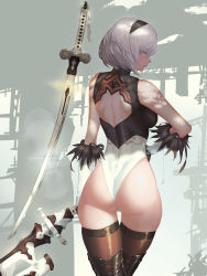 Rule 34 | 1girl, 2b (nier:automata), absurdres, ass, bare shoulders, black footwear, black thighhighs, boots, breasts, commentary request, hair ornament, hairband, heattech leotard, highleg, highleg leotard, highres, leotard, medium breasts, nier:automata, nier (series), short hair, simple background, sleeveless, sword, thigh boots, thighhighs, turtleneck, un lim, weapon, white hair