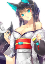 Rule 34 | 1girl, animal ears, aqua eyes, bad id, bad pixiv id, bare shoulders, black hair, black thighhighs, breasts, cleavage, collarbone, detached sleeves, female focus, fox ears, fox tail, grin, holding, japanese clothes, katana, kimono, large breasts, lips, lipstick, long hair, looking at viewer, makeup, nail polish, neck, obi, original, parted lips, sakuyosi, sash, simple background, smile, snake, solo, strapless, sword, tail, thighhighs, upper body, weapon, white background, white snake