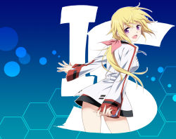 Rule 34 | 10s, 1girl, agahari, blonde hair, breasts, charlotte dunois, female focus, from behind, gradient background, hair ribbon, infinite stratos, long hair, looking back, no pants, open mouth, ponytail, purple eyes, ribbon, school uniform, solo