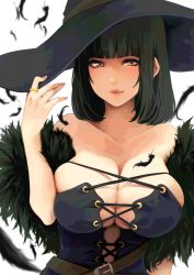 Rule 34 | 1girl, akit (15jamjam), bare shoulders, black hair, breasts, brown eyes, cleavage, feathers, hat, highres, huge breasts, jewelry, lips, looking at viewer, original, ring, short hair, simple background, smile, solo, witch, witch hat
