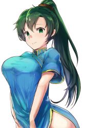 Rule 34 | 1girl, absurdres, blue dress, breasts, cowboy shot, dress, expressionless, fire emblem, fire emblem: the blazing blade, green eyes, green hair, highres, hirotaka (hrtk990203), large breasts, long hair, looking at viewer, lyn (fire emblem), nintendo, ponytail, short sleeves, side slit, simple background, sketch, solo, thighs, white background
