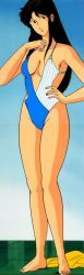 Rule 34 | 1980s (style), 1girl, anime screenshot, bare legs, barefoot, breasts, cat&#039;s eye, cleavage, female focus, highres, kisugi hitomi, long image, oldschool, retro artstyle, screencap, standing, stitched, sugino akio, swimsuit, tall image, third-party edit
