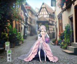 Rule 34 | 10s, 1girl, bad id, bad pixiv id, blurry, blush, bouquet, bridal veil, chaika trabant, dated, day, depth of field, dress, eyebrows, flower, half-timbered, hitsugi no chaika, hoshi o mite, long hair, looking at viewer, outdoors, pavement, pigeon-toed, purple eyes, road, silver hair, smile, solo, street, thick eyebrows, thighhighs, veil, wedding dress, white thighhighs