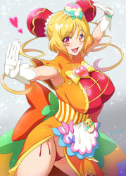 Rule 34 | :d, alternate breast size, armpits, blonde hair, breasts, commentary, commentary request, cure yum-yum, delicious party precure, double bun, gloves, gradient background, grey background, hair bun, hanamichi ran, heart, highres, joy ride, large breasts, looking at viewer, magical girl, mem-mem (precure), open mouth, panties, precure, red panties, short hair, smile, thighs, underwear, white gloves