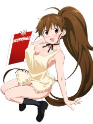Rule 34 | 1girl, apron, bare shoulders, blush, breasts, brown eyes, brown hair, cleavage, collarbone, large breasts, loliconder, long hair, looking at viewer, naked apron, open mouth, ponytail, smile, solo, taneshima popura, white background, working!!