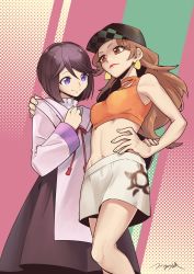 Rule 34 | 2girls, black skirt, breasts, brown eyes, brown hair, clenched hand, earrings, gyaru, hand on own hip, hand on shoulder, hand up, hat, highres, jewelry, lipstick, long hair, makeup, midriff, multiple girls, navel, pink background, pogatyb, purple eyes, school uniform, serafuku, shorts, simple background, sk8 the infinity, skirt, small breasts, smile, white shorts