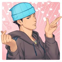 Rule 34 | 1boy, ace attorney, apollo justice: ace attorney, beanie, black hair, blue eyes, blue hat, border, brown hoodie, commentary, english commentary, finger heart, hat, heart, heart background, highres, hood, hood down, hoodie, kune akiro, long sleeves, male focus, one eye closed, parted lips, phoenix wright, pink background, short hair, solo, upper body, white border