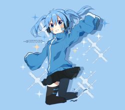Rule 34 | 1girl, black skirt, black thighhighs, blue eyes, blue hair, blue jacket, blush, cropped legs, ene (kagerou project), hair between eyes, headphones, highres, jacket, kagerou project, blue background, light blue hair, long sleeves, looking at viewer, mekakucity actors, miniskirt, multicolored clothes, multicolored jacket, open mouth, otorigg, pleated skirt, skirt, sleeves past fingers, sleeves past wrists, smile, solo, star (symbol), striped clothes, striped jacket, teeth, thighhighs, track jacket, twintails, twitter username, two-tone jacket, very long sleeves, zipper, zipper pull tab
