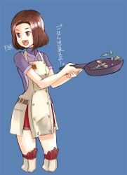 Rule 34 | 00s, 1girl, :d, apron, bad id, bad pixiv id, blue background, brown eyes, brown hair, cooking, cropped legs, final fantasy, final fantasy xi, frying pan, hume, nosuku, open mouth, short hair, smile, solo, thighhighs