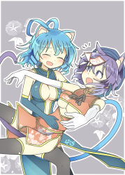 Rule 34 | 2girls, :o, alternate costume, animal ears, bare shoulders, black gloves, black legwear, black ribbon, blue hair, blue headwear, blush, border, breasts, cat ears, cat tail, chinese clothes, cleavage, closed eyes, clothing cutout, commentary request, drill hair, elbow gloves, feet out of frame, floral background, gloves, gold trim, grey background, hair rings, hand on another&#039;s head, hand on another&#039;s stomach, heart cutout, holding person, jiangshi, kaku seiga, kemonomimi mode, large breasts, looking at another, matsu kitsune, miyako yoshika, multiple girls, neck ribbon, notice lines, ofuda, open mouth, outline, outstretched arms, purple hair, ribbon, short hair, simple background, skindentation, smile, tail, touhou, twin drills, underboob, white border, white gloves, white outline, zombie pose
