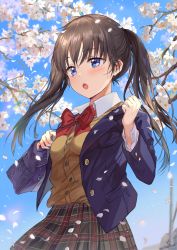 Rule 34 | 1girl, :o, artist name, blue bag, blue eyes, blue jacket, blush, breasts, brown hair, brown skirt, cherry blossoms, commentary request, day, highres, jacket, long hair, long sleeves, looking at viewer, medium breasts, open mouth, original, outdoors, saya (mychristian2), school uniform, skirt, solo, spring (season), twintails, uniform