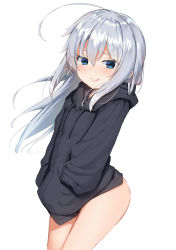 Rule 34 | 1girl, :q, absurdres, ahoge, aruma (sawayaka tokuko miruku), black hoodie, blue eyes, blush, closed mouth, commentary request, drawstring, hair between eyes, hands in pocket, hibiki (kancolle), highres, hood, hood down, hoodie, kantai collection, long hair, long sleeves, looking at viewer, puffy long sleeves, puffy sleeves, silver hair, simple background, smile, solo, tongue, tongue out, very long hair, white background